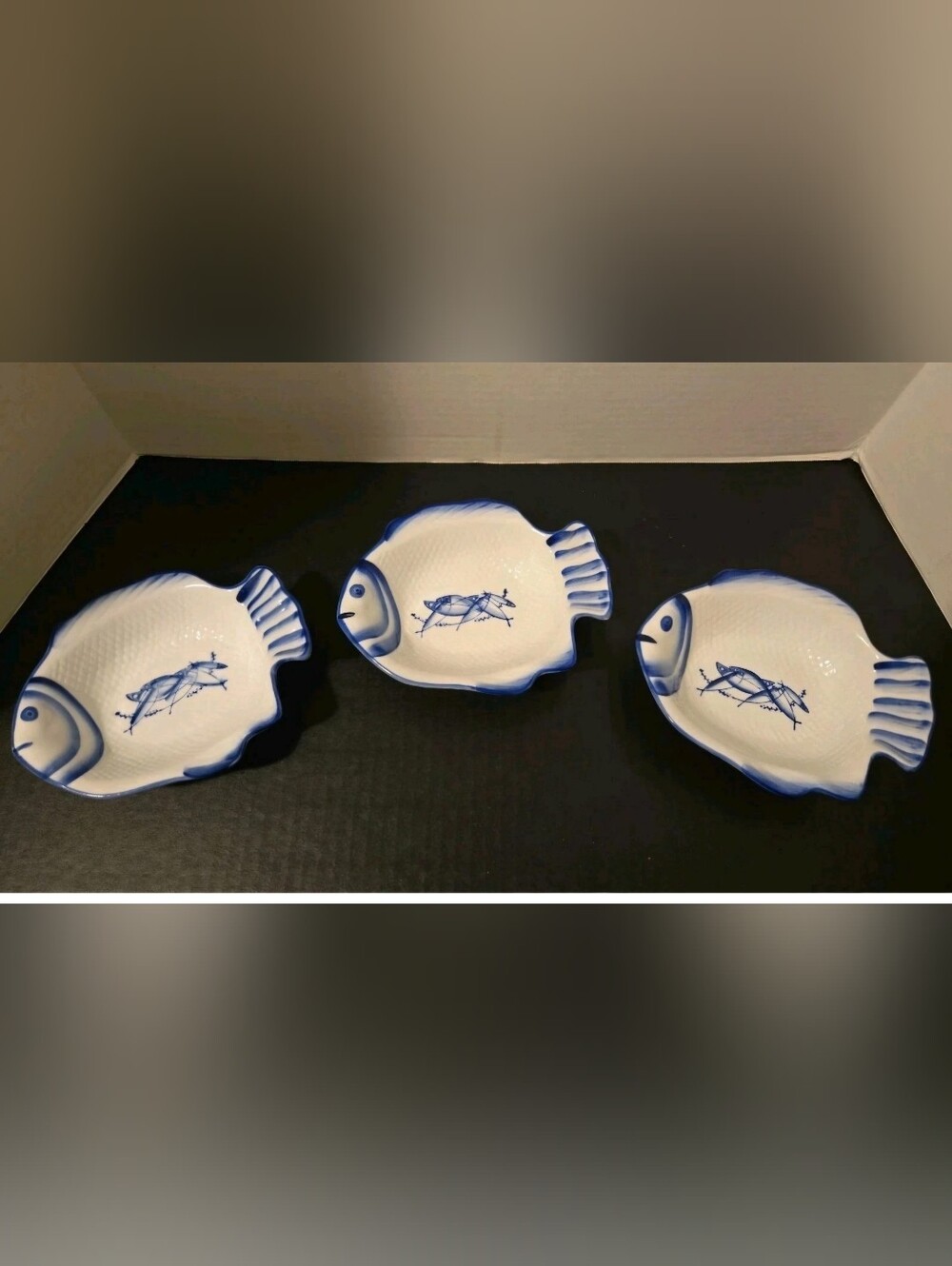 Set Of 3 Vintage Dansk Blue White Hand Painted Ceramic Fish Dish, Bowl Arabesque